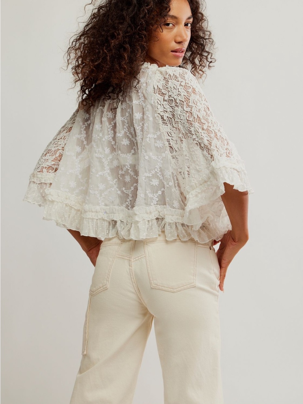 Free People Ivory Sheer Lace Ruffle Peasant Poncho - Picture 2 of 4